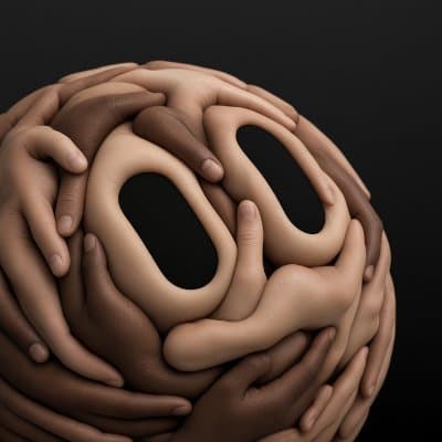 A sphere of intertwined hands with two hollow eyes